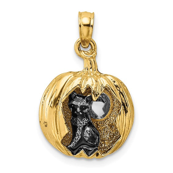 14K 3D Pumpkin And Cat Moon Pendant