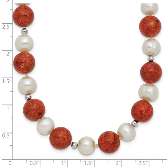 Freshwater Pearl & Stabilized Coral Necklace Sterling Silver