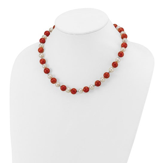 Freshwater Pearl & Stabilized Coral Necklace Sterling Silver