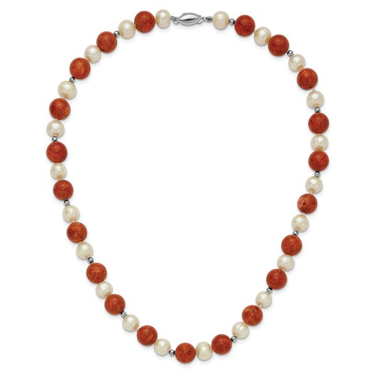 Freshwater Pearl & Stabilized Coral Necklace Sterling Silver