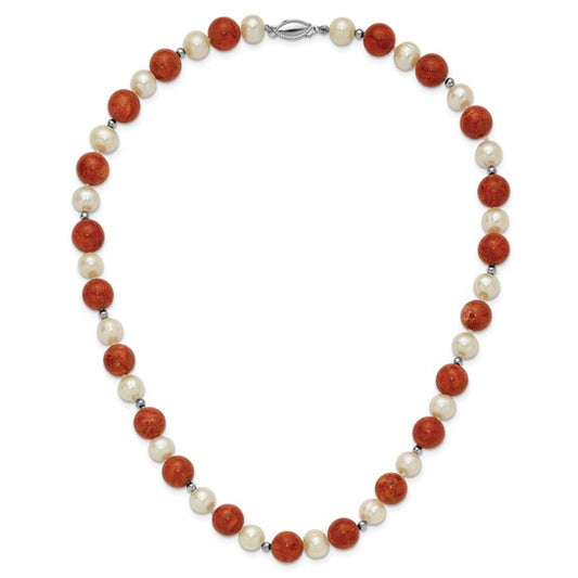 Freshwater Pearl & Stabilized Coral Necklace Sterling Silver